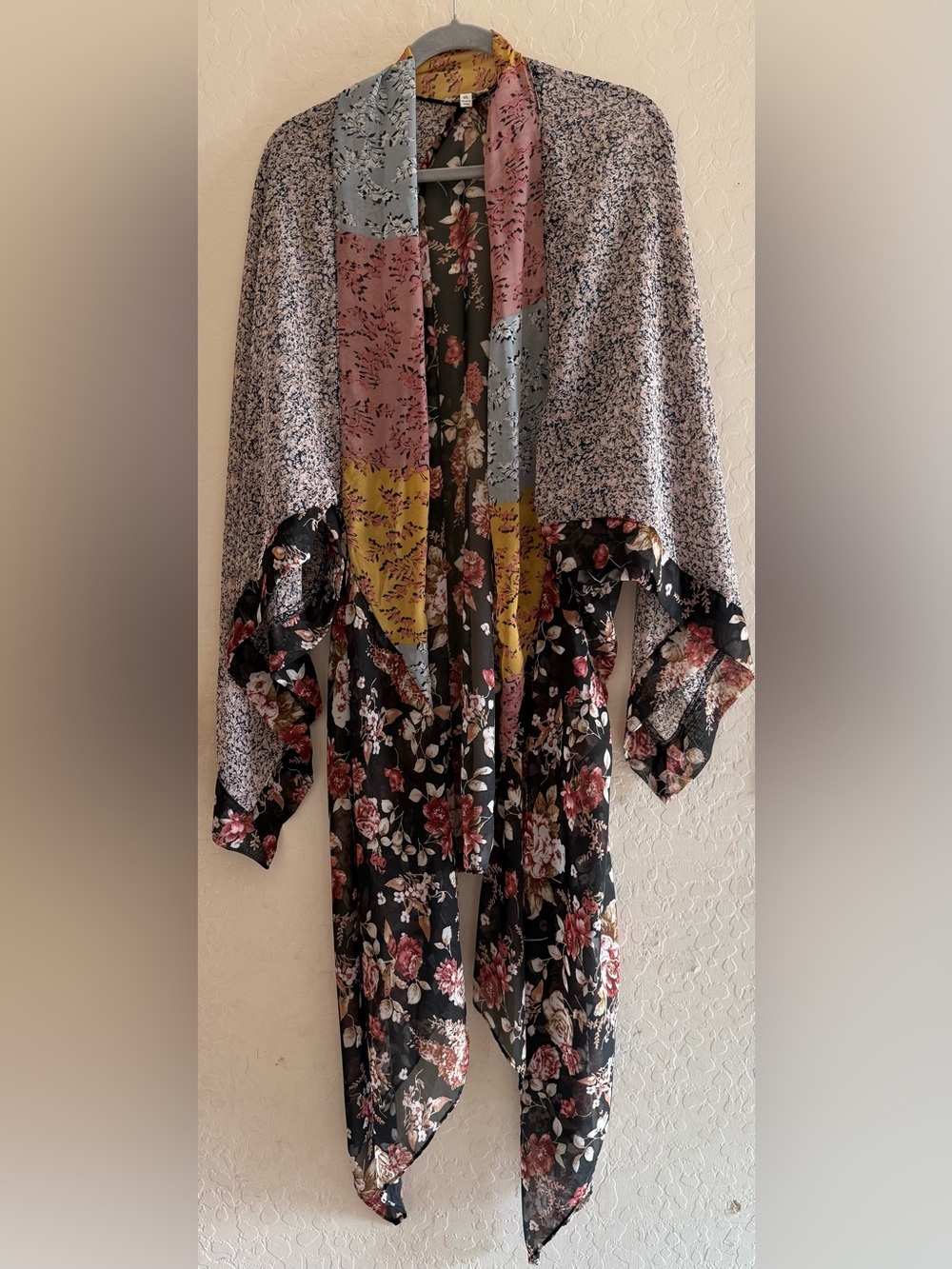 Umgee, M/L, colorful patch-print sheer duster kimono